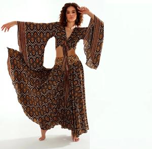 Ensemble deux pièces bohème imprimé pour femme, haut court à manches évasées à nouer avec jupe longue - Vente en gros - Assortiment - Product Image 1