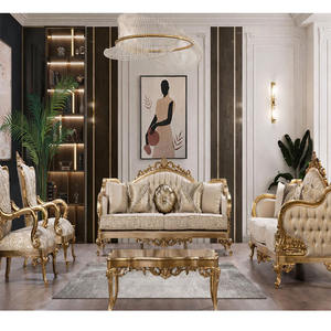 Sofá de Salón de Lujo Estilo Victoriano Dorado, Diseño Exclusivo Francés con Hojas de Oro, Sofá Clásico Tallado de Lujo - Product Image 1