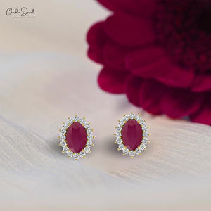 Boucles d'oreilles clous en or massif 14 carats avec halo de rubis de Birmanie et diamants sertis à griffes, pierre de naissance de juillet, bijoux pour femme, vente en gros, livraison gratuite - Product Image 1