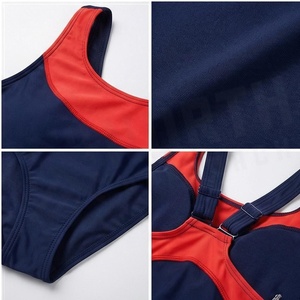 Traje de baño de una pieza para mujer, azul marino con ribete en contraste rojo, cuello redondo, diseño de rayas laterales, poliéster elástico de spandex - Product Image 4