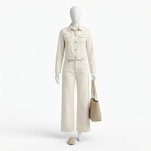 Conjunto de Chaqueta Vaquera Crema y Jeans de Pierna Ancha para Mujer, Conjunto Casual de Dos Piezas, Atuendo Vaquero a la Moda, Ropa Urbana - Product Image 3