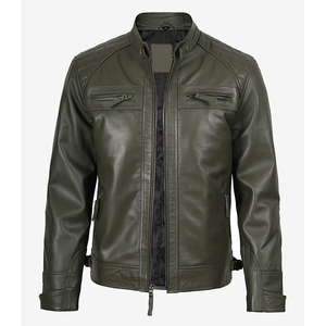 Veste en cuir de vache véritable vert olive pour homme, édition limitée, avec col montant, fermeture éclair, coupe ajustée, coupe-vent - Product Image 3