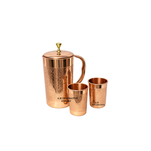 Traditional Pure Copper Water Jug with 2 <b>Glasses</b> Set Handcrafted Hammered Copper Pitcher for Decorative Copper Drinkware - Product Image 1