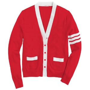 Add Custom Logos On Red V-Neck <b>Cardigans</b> <b>Sweaters</b> With White Pockets And Sleeve Stripes Style Knitted Long Sleeve Autumn Wear - Product Image 1