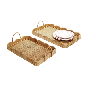 Plateau rectangulaire en rotin tressé avec poignées hautes, en matériau naturel, pour le petit-déjeuner, le service du café, le rangement et l'organisation, vente en gros - Product Image 1