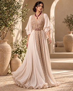 Caftán Marroquí Beige Champán con Bordado Dorado, Mangas con Volantes en Capas y Cinturón Morado, Maxi Vestido de Terciopelo Color Ciruela con Cuello en V, Transpirable - Product Image 5