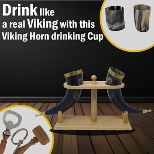 Ensemble de 2 mugs en corne avec support en bois, faits à la main, en corne naturelle, pour bière, vin, shots, mugs de style viking avec ouvre-bouteille - Product Image 2