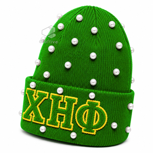 Bonnet en tricot vert orné de perles pour femmes de la sororité Chi Eta Phi, avec lettres grecques brodées en chenille, chapeau d'hiver décontracté - Product Image 3