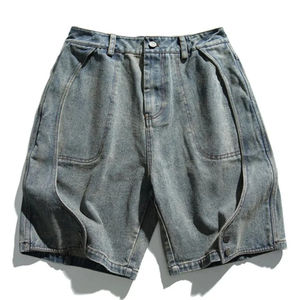 Shorts Bermuda déchirés gris pour homme, taille haute, en toile, style décontracté, avec fermeture boutonnée et poches - Product Image 3