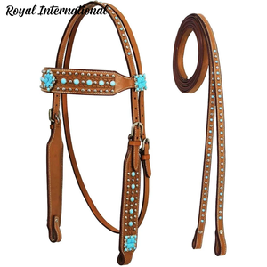 Western Turquoise Studded <b>Leather</b> Horse Bridle with Reins Adjustable Headstall Equestrian Riding Tack Rodeo Ranch Training Gear - Product Image 1
