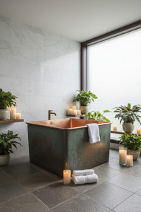 Baignoire japonaise carrée en cuivre, style Ofuro, avec finition patine verte, pour maisons de luxe, villas, hôtels, centres de villégiature - Product Image 5