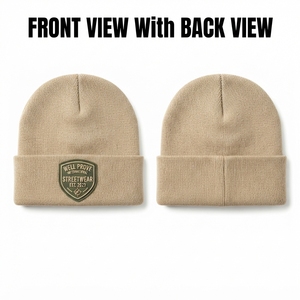 Custom Logo Digital Rubber Patch Beanie High Quality 120 GSM Fine Rib Knit Beige Winter Skull Cap Cuffed Casual <b>Warm</b> <b>Hat</b> - Product Image 1