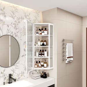 Armadio a parete con angolo di stoccaggio a quattro livelli bianco con porta in vetro per camera da letto soggiorno bagno o cucina - Product Image 2