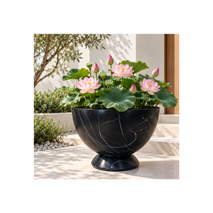 Macetero de pedestal de fibra de vidrio personalizado con superficie de aspecto mármol, maceta decorativa premium para diseño de patio y jardín. - Product Image 1