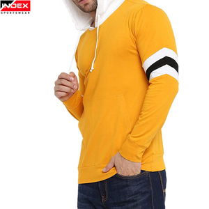 Sweat-shirt à capuche pour homme INDEX, jaune uni, tricoté, coupe classique, décontracté, pour l'automne, avec poche et manches rayées - Product Image 4