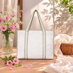 Quilted <b>Indian</b> Cotton Tote <b>Bag</b> for Women Summer Autumn Handmade Bohemian Style with Green Striped Trim - Product Image 1