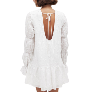 Vestido casual ajustado de mujer, blanco liso, hasta la rodilla, de encaje y malla, estilo bodycon, para fiesta, acampanado, lavable, de algodón bordado - Product Image 3