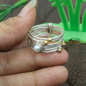 Natural Pearl <b>Ring</b> 925 Sterling <b>Silver</b> and Brass Handmade Statement <b>Ring</b> Multi Band <b>Stack</b> <b>Ring</b> Minimalist Pearl Jewelry Gift Her - Product Image 5