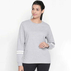 Sudadera de punto gris para mujer con cuello redondo y mangas largas con puños a rayas blancas, sudaderas personalizadas para mujer - Product Image 2