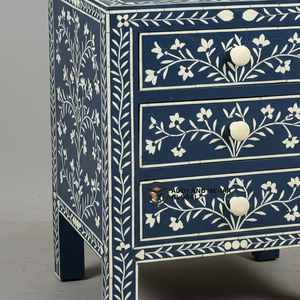 Mesa de Noche Artesanal Moderna y Ecológica con Incrustaciones de Hueso Azul, Diseño Floral, 2 Cajones, para una Vida de Lujo - Product Image 3