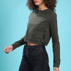 T-shirt en tricot à manches longues et col rond pour femme, couleur olive, coupe ajustée, décontracté, respirant, couleur unie, toutes saisons - Product Image 4