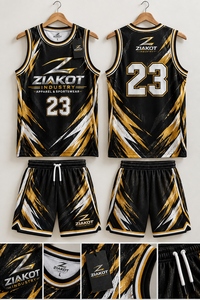 Venta al Por Mayor Directa de Fábrica ZIAKOT INDUSTRY, Jersey de Baloncesto Personalizado Negro, Dorado y Blanco, Cuello Redondo, Tejido de Canalé - Product Image 1