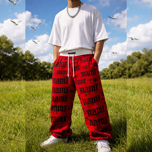 Pantalon de survêtement baggy en molleton 100 % coton OEM pour homme, coupe large, double taille, imprimé, effet vieilli, rouge, fabriqué par le producteur - Product Image 1
