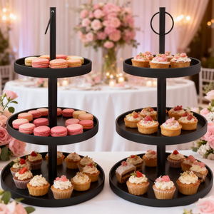 Support à cupcakes rond fait main en métal, tour à cupcakes à 3 niveaux, plateau à étages noir, support à desserts avec poignée pour fête - Product Image 5