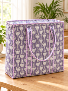 Sac fourre-tout en coton à fleurs bohèmes, poignées rayées, fermeture éclair, grande capacité, design matelassé, mode, utilisation toutes saisons, plage - Product Image 2