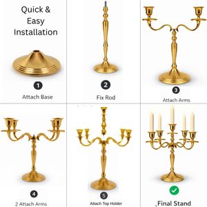 Candelabro de Lujo de 5 Brazos, 30 CM, Metal Dorado, Portavelas Decorativo para Centro de Mesa de Boda, Decoración del Hogar y Hoteles - Product Image 6