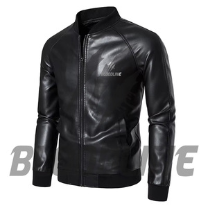 Blouson Bomber Homme en Cuir PU Noir Col Montant Fermeture Éclair Coupe Slim Idéal Automne - Product Image 1