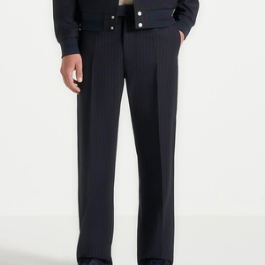 Men's Navy Pinstripe Formal Trousers Straight Leg Midweight <b>Wool</b> Blend Anti-Wrinkle Flat Front Button Closure Autumn Wear - Product Image 1