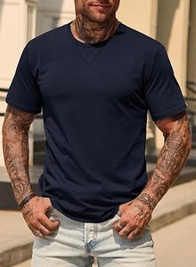 T-shirt en coton bleu marine à manches courtes et col rond pour homme, coupe classique, couleur unie, tricot jersey, teint uni - Product Image 4