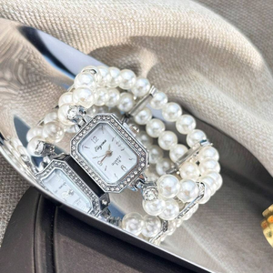 Montre Femme Tendance à Cadran Perlé et Strass, Boîtier en Alliage, Chiffres Arabes, Style Décontracté - Product Image 5