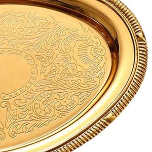 Bandeja de Servicio Ovalada de Metal Dorado de Lujo al por Mayor, Plato para Hotel con Grabado Floral Antiguo Elegante y Bordes Acanalados Ornamentados - Product Image 4