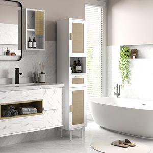 67\" <b>Tall</b> White Bathroom <b>Storage</b> Cabinet European-Design Minimalist Freestanding Narrow Cabinet Rattan Doors Adjustable Shelves - Product Image 2