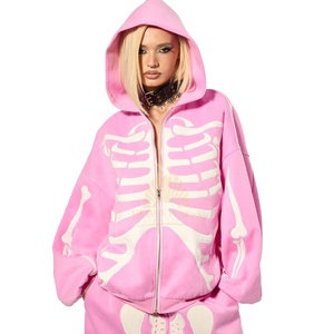 Wholesale Pink <b>Skeleton</b> Print Zip Up <b>Hoodie</b> And Jogger Pants Set Oversized Casual Y2K Tracksuit For Women - Product Image 5
