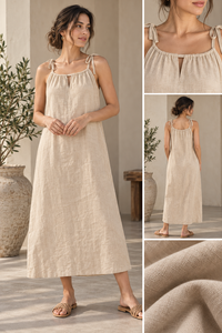 Fournisseur OEM Professionnel – Nouvelle Collection – Robe Midi Décontractée d'Été Beige à Bretelles Fines, Respirante, Écologique, Style Vintage, Ample, en Lin/Coton - Product Image 4