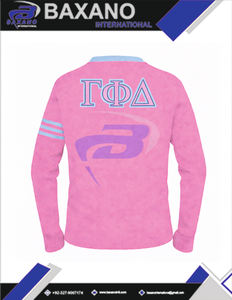 Suéter Cárdigan de la Hermandad Gamma Phi Delta, Tejido Rosa con Rayas Azul Claro y Logotipo Bordado, Ropa de la Hermandad GPD - Product Image 6