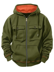 <b>Men's</b> Navy Blue Hooded Zip-Up <b>Sweatshirt</b> With <b>Orange</b> Lining And Pockets Casual Regular Fit Autumn Wear - Product Image 2