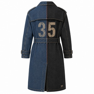 Abrigo Largo de Mezclilla Bicolor para Hombre, Estilo Gabardina Oversize Negro y Azul con Cinturón, Ropa Exterior Urbana - Product Image 3