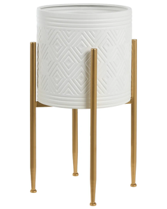 Modern White Geometric <b>Ceramic</b> Planter with Gold Metal Stand Elegant Raised Flower <b>Pot</b> for Indoor <b>Plants</b> Home Office Living Room - Product Image 1