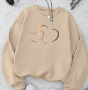 Hardihood International Women's Crew Neck <b>Sweatshirt</b> Beige Foil Heart Print Full Sleeve Knitted Cotton Blend <b>Oversized</b> <b>Vintage</b> - Product Image 1