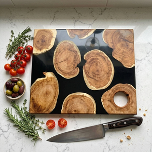 Stunning Boscage Walnut Wooden Chopping Board Features Unique Natural <b>Wood</b> Log <b>Slices</b> Embedded Within A Sleek Matte Black Resin - Product Image 5
