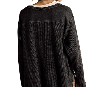 Wholesale Plus Size Women's <b>Thermal</b> Waffle Knit Solid Loose Fit 100% Cotton Embroidery Logo Oversized Women T-Shirt - Product Image 2
