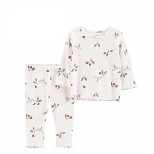 Vêtements pour bébés filles en coton, haut blanc à manches longues et pantalon blanc à motif floral d'oiseaux, tenue d'intérieur pour l'été, usage quotidien - Product Image 2