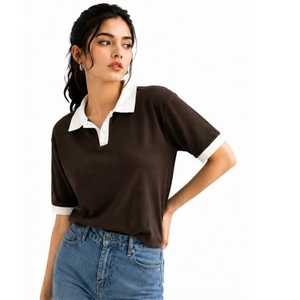 T-shirt polo contrasté pour femme, pull à manches courtes, mélange de coton, décontracté, à porter au quotidien - Product Image 1