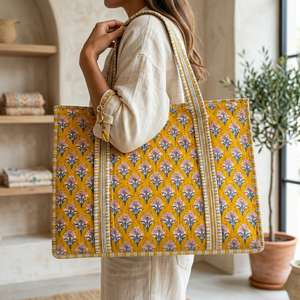 Bolso Tote de Algodón con Diseño Floral Amarillo, Bolso de Hombro Acolchado Hecho a Mano, Bolso de Viaje y Compras para Mujer - Product Image 3