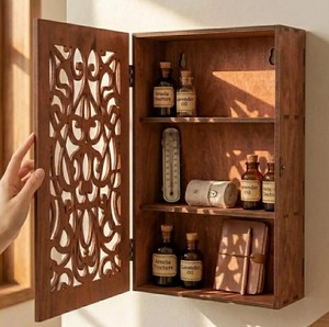 Mueble de Baño de Madera para Montar en la Pared con Puerta Tallada, 3 Estantes para Almacenamiento de Medicamentos y Artículos Esenciales, Diseño Tradicional - Product Image 1