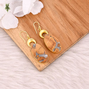 Boucles d'oreilles pendantes plaquées or de qualité supérieure, bijoux en laiton avec pierre précieuse Malinga Jasper, boucles d'oreilles en laiton faites à la main pour femmes - Product Image 3